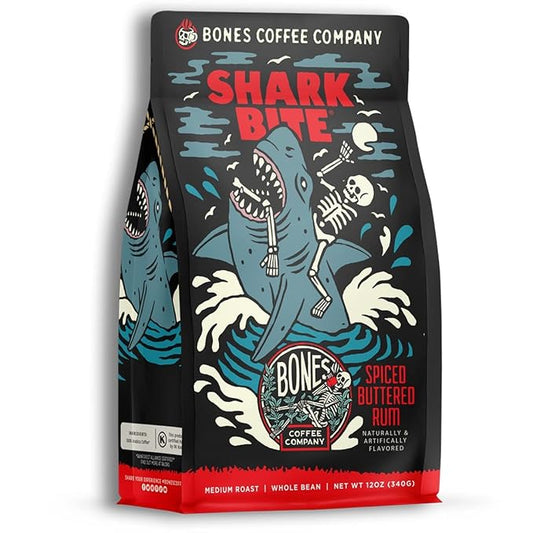 Bones Coffee Company Shark Bite, Buttered Rum Flavored Coffee, Medium Roast Low Acid Arabica Beans Compatible with Auto drip and French Press Coffee Maker, 12 Oz Whole Bean