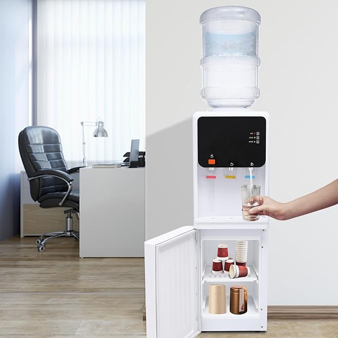 Top Loading Water Cooler, Standing Water Dispenser with 3 Temperature Settings - Hot, Warm and Cold Water, Child Safety Lock, Water Cooler Dispenser for Homes, Kitchens, Offices, Dorms (Black White)