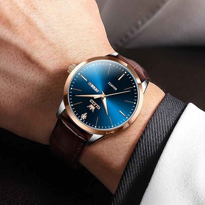 OLEVS Mens Watches, Dress Waterproof Classic Analog Casual Luxury Wrist Watch for Men with Date, Easy to Read Relojes para Hombres Male Quartz Wristwatch with Brown Black Leather Band Blue Black Dial