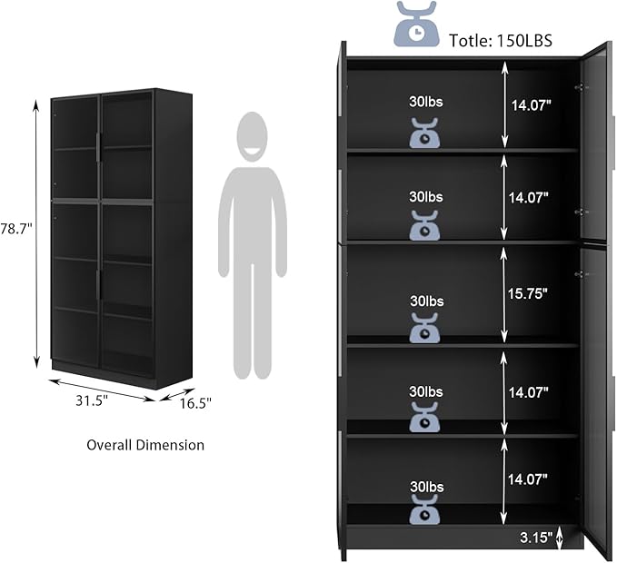 78.7" Display Cabinet with 4 Glass Doors, 5 -Tier Storage Cabinet with LED Lights, Tall Black Bookcase with Storage, Wooden Display Case for Collectible, Living Room, Office(Black)