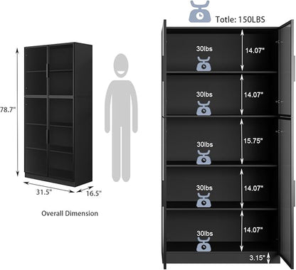 78.7" Display Cabinet with 4 Glass Doors, 5 -Tier Storage Cabinet with LED Lights, Tall Black Bookcase with Storage, Wooden Display Case for Collectible, Living Room, Office(Black)