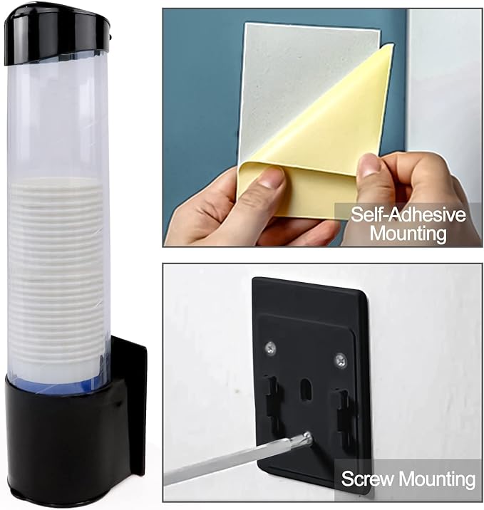 Cup Dispenser, Water Cooler Pull Type Cup Holder Fits 5oz - 7oz Cone or Flat Bottom Cups, Paste or Screw Plate Wall Mount, 15" Tube Length Black