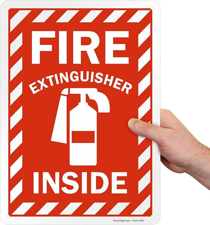 SmartSign 14 x 10 inch “Fire Extinguisher Inside” Metal Sign with Pre-cleared Holes, 40 mil Laminated Rustproof Aluminum, Red and white, Made in USA