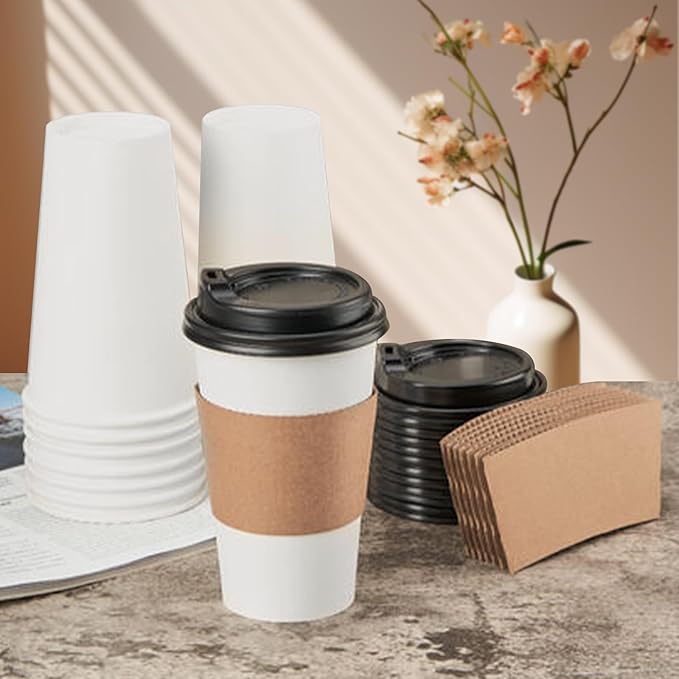 RACETOP 16 oz [100 pack] Coffee Cups with Lids and Kraft Sleeves, Disposable Paper Coffee Cups, Hot Coffee cups, Ideal for Hot Beverage