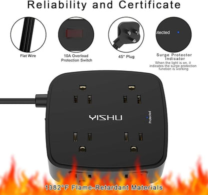 6 Ft Surge Protector Power Strip - YISHU 8 Widely Outlets with 4 USB Ports, 3 Side Outlet Extender with 6 Feet Flat Extension Cord, Ultra Flat Plug, Wall Mount, Desk USB Charging Station, ETL, Black