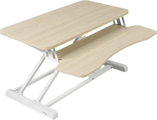 VIVO 32 inch Desk Converter, K Series, Height Adjustable Sit to Stand Riser, Dual Monitor and Laptop Workstation with Wide Keyboard Tray, Light Wood Top, White Frame, DESK-V000KF