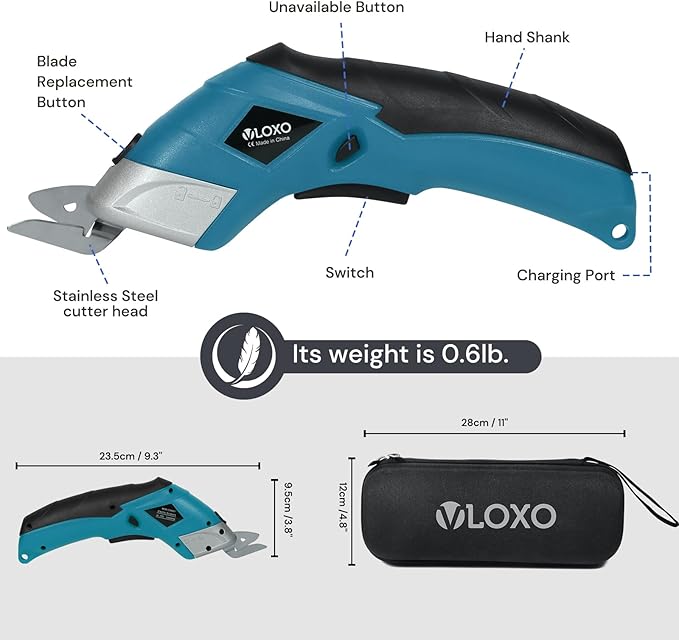VLOXO Cordless Electric Scissors Electric Box Cutter with 2 Type Blades Rechargeable Cordless Scissors Powerful Shears Cutting Tool Cardboard Cutter for Fabric Cardboard Carpet Leather Felt Blue