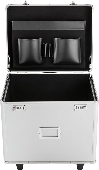 Rolling File Box with Telescopic Handle, Locking File Cabinet with Lock, Files Cart with Wheels, Mobile Business Case, Aluminum Alloy Hand Pull File Case for Home, Office, Bank - Silver