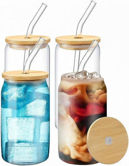 Drinking Glasses with Bamboo Lids and Glass Straw 4PCS Set, 16oz Glass Cups with Lids and Straws, Beer, Iced Coffee Glasses, Soda, Gift 1 Cleaning Brushes