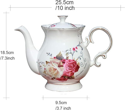 Jomop European Style Ceramic Flower Teapot Coffee Pot Water Pot Porcelain Gift Large 5.5 Cups (1, Rose)