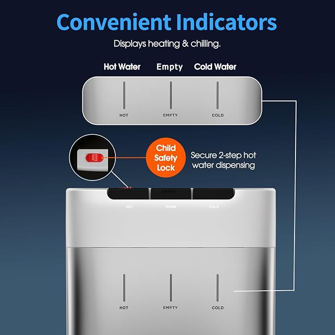 IKT Self Cleaning Bottom Load Water Cooler Dispenser 3 5 Gallon Hot, Cold & Room Temperature Water, Empty Bottle Alert, Child Safety Lock,Silver