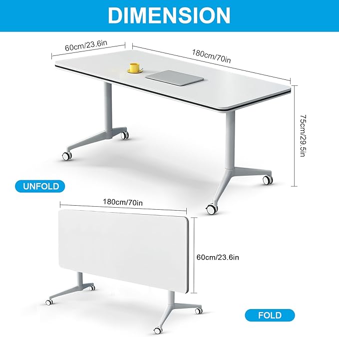 Folding Conference Table, Conference Room Tables Foldable Large Meeting Seminar Table on Wheels,Flip Top Boardroom Training Tables for Office, Classroom,Meeting (12, White, 70.8)