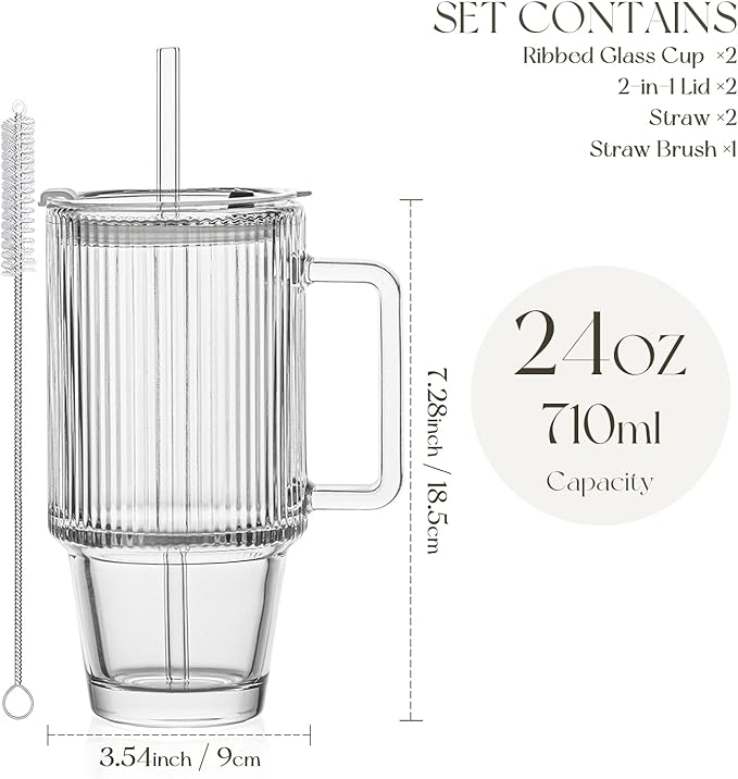 24oz Ribbed Glass Cups with Lids and Straws,Glass Tumbler with Handle,2 set–Reusable Glass Ice Coffee Cups with Lid and Straw for Smoothies,Tea,Juice,Boba Cup for Cold & Hot Drinks,Travel Cup