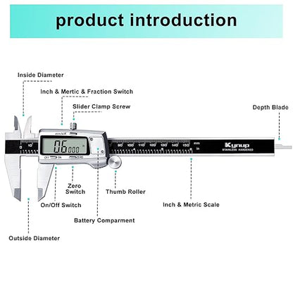 Kynup Digital Caliper, Caliper Measuring Tool, Micrometer Dial Vernier Caliper Digital, Full Turn Off, Stainless Steel, Switch from Inch Metric Fraction, Black(6Inch/150MM)
