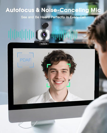 MELCAM 2K Webcam for PC, Web Camera with Microphone, Light, Privacy Cover, Plug and Play Autofocus USB Computer Camera for Laptop, Desktop, PC, Mac, Zoom, Skype, Meeting, Streaming(Black)