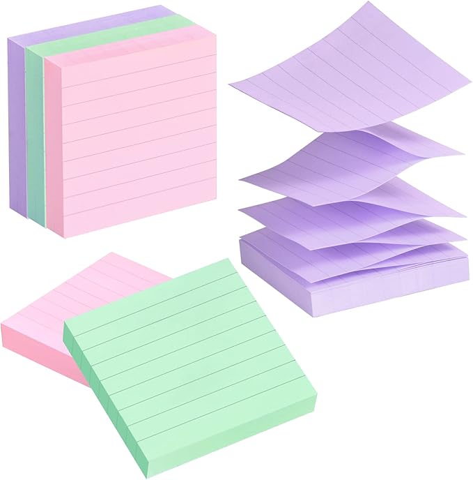 Lined Pop Up Sticky Note 3x3 inch, 6 Pack Accodian Stlye Self-Sticky Notes with Lines, Light Green Pink Purple Color, 100 Sheet/Pad Easy Post