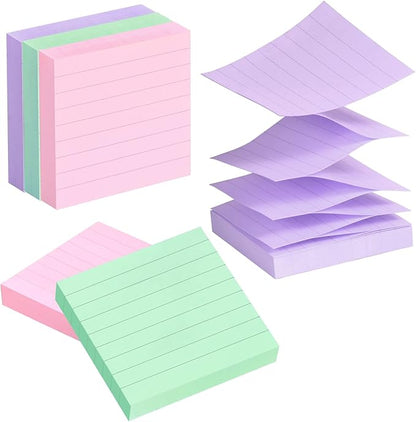 Lined Pop Up Sticky Note 3x3 inch, 6 Pack Accodian Stlye Self-Sticky Notes with Lines, Light Green Pink Purple Color, 100 Sheet/Pad Easy Post