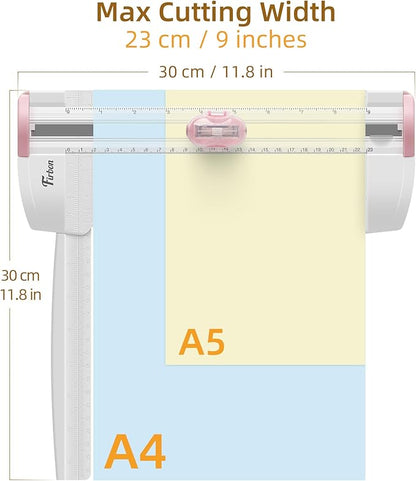Firbon 3-in-1 Paper Cutter, 9" Compact A5 Paper Trimmer with Straight Cut, Scoring & Perforating Blades for Cardstock, Scrapbooking, Crafting, Labels & Home Office (Pink)