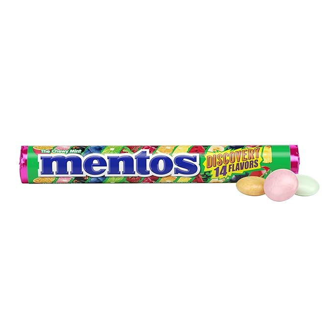 Mentos Chewy Mint Candy Roll, Holiday Candy for Christmas Stocking Stuffers for Adults & Kids Discovery, 14 Assorted Fruit Flavors, 14 Pieces Per Roll, 15 Count Showbox