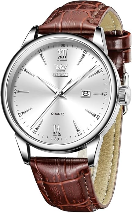 OLEVS Mens Watches Vintage Leather Band Dress Classic Easy Reader Arabic Numerals Analog Quartz Waterproof Date and Day Blue/Black/White Large Face Men's Wrist Watches