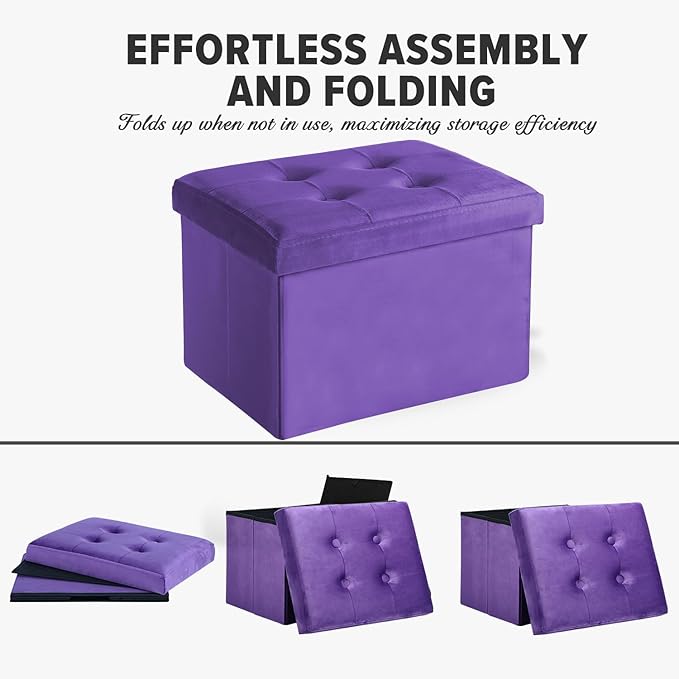 Storage Ottoman Folding Foot Stool Velvet Foot Rest with Padded Modern Ottoman with Storage for Living Room Puppy Step Stool 17x13x13in(Purple)