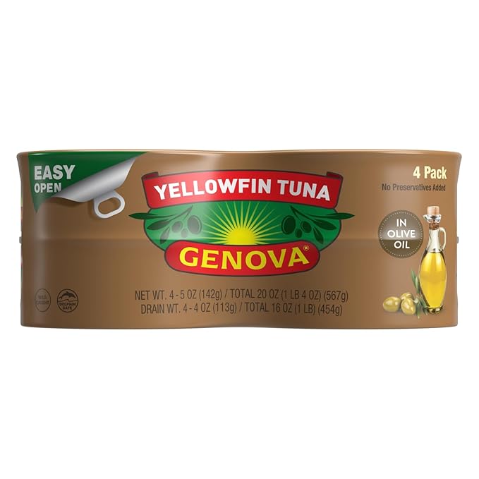 Genova Premium Yellowfin Tuna in Olive Oil, 4-5 Ounce Cans (Pack of 6), Wild Caught Canned Tuna, Solid Light