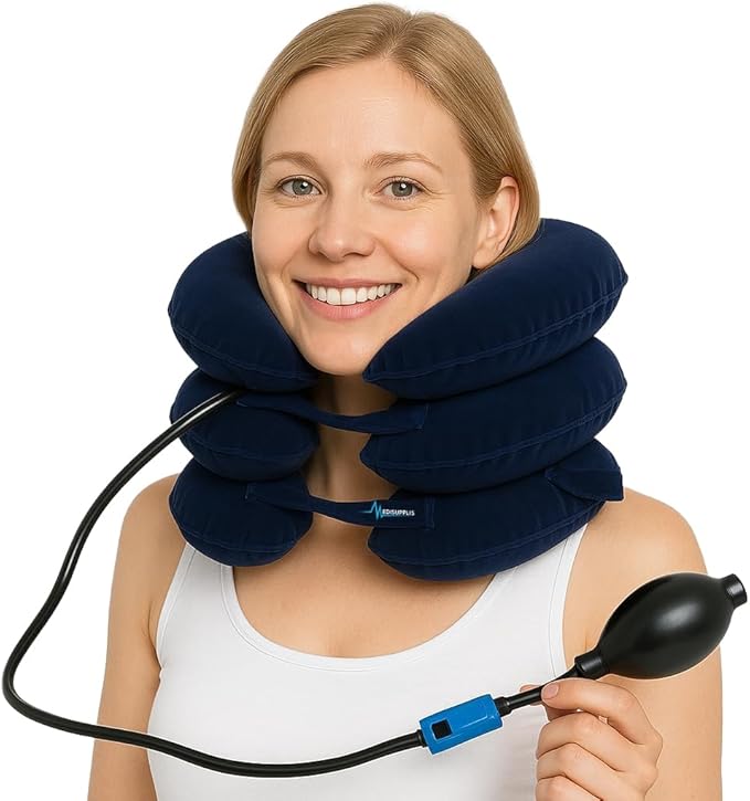 Neck Stretcher, Cervical Traction Device, Neck Traction Device for Neck Pain Relief, Adjustable Inflatable Neck Stretcher Cervical Traction and Neck Brace, Neck Decompression Home Use (Blue)
