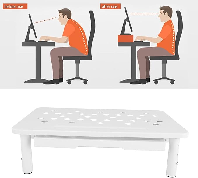 Asixxsix Desk Monitor Stand Riser, 3 Height Adjustable Laptop Riser with Drawer Storage Airflow Vents 44lbs Load Capacity Carbon Steel Tabletop Organizer for Printer Doucement Holder (White)