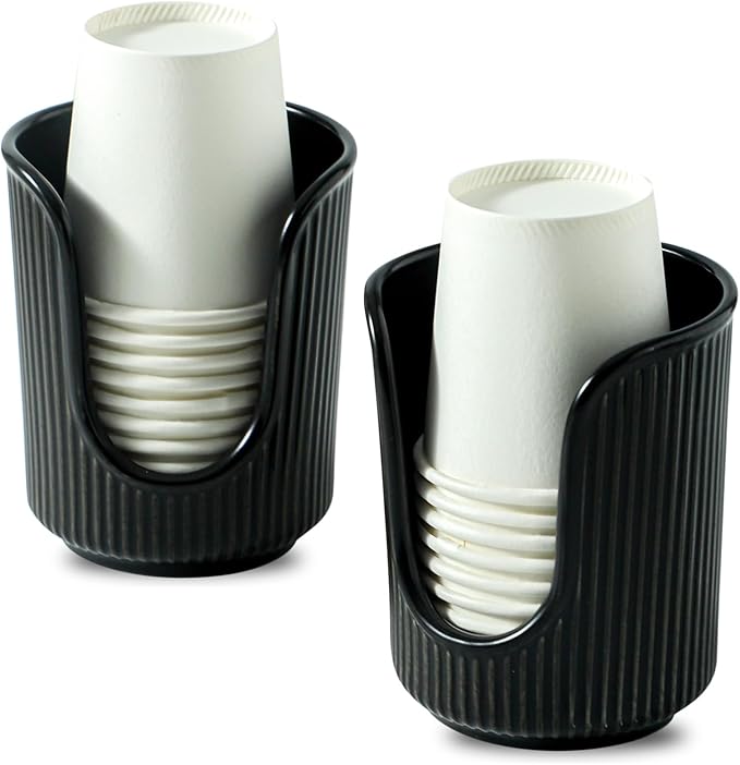 Ceramic Bathroom Cup Dispenser with Stylish Vertical Stripes - Disposable Mouthwash Cup Holder Holds 3-4oz Paper Cups for Rinsing Cups on Bathroom Vanity Countertops (Black-Black-2 Pack)