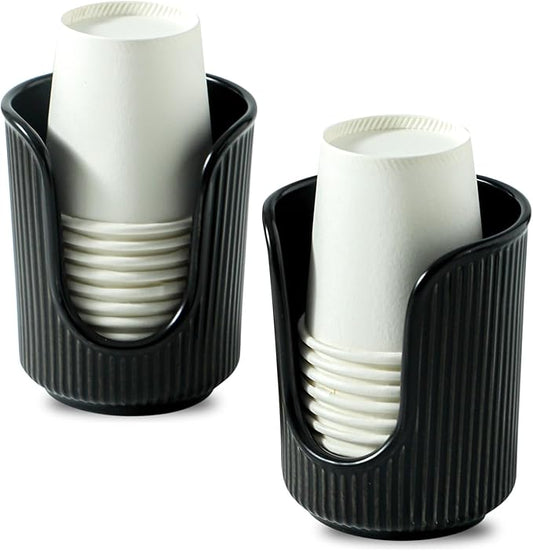 Ceramic Bathroom Cup Dispenser with Stylish Vertical Stripes - Disposable Mouthwash Cup Holder Holds 3-4oz Paper Cups for Rinsing Cups on Bathroom Vanity Countertops (Black-Black-2 Pack)
