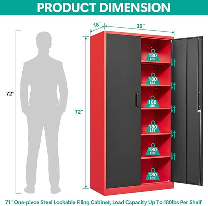 Wide & Deep Metal Storage Cabinet with 6 Shelves,72" Tall Red Garage Storage Cabinet with Lock,Metal Cabinets with Locking Doors,Lockable Steel Cabinets for Home,Office,Shop,Garage,72x36x18