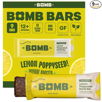 The Bomb Co. Blender Bomb Bar, Lemon Poppyseed, Superfood Snack Bar for the Body’s Natural Defense, Almond Butter, Hemp Seeds, Chia Seeds, Flax Seeds, Lemon Juice Powder, Sea Salt, Aloe Vera, 9 Bars