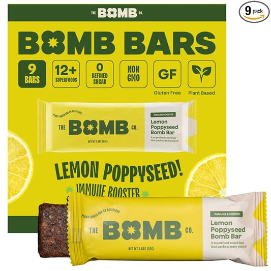 The Bomb Co. Blender Bomb Bar, Lemon Poppyseed, Superfood Snack Bar for the Body’s Natural Defense, Almond Butter, Hemp Seeds, Chia Seeds, Flax Seeds, Lemon Juice Powder, Sea Salt, Aloe Vera, 9 Bars