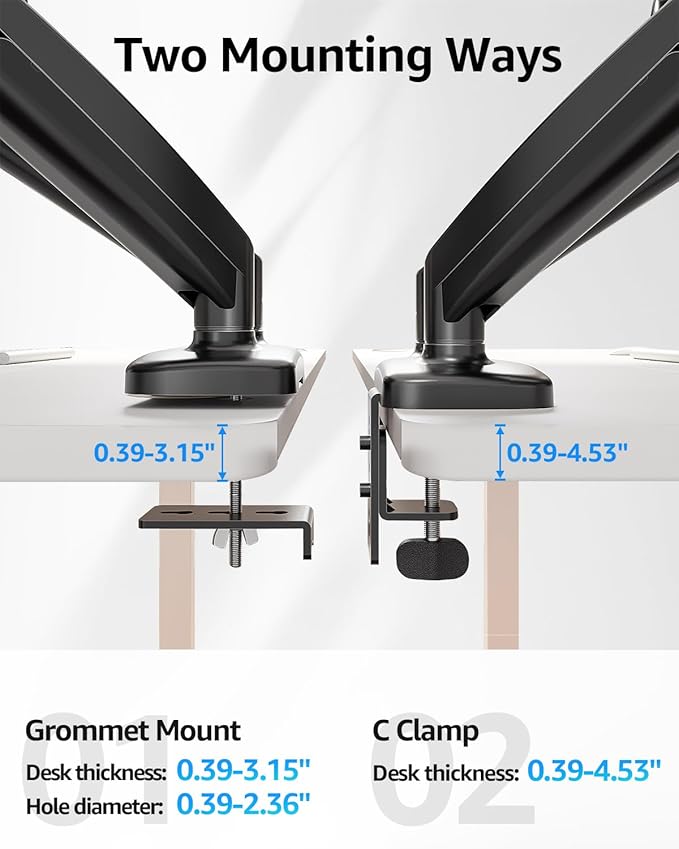 MOUNTUP Dual Monitor Stand for Desk, Gas Spring Monitor Arms for 2 Monitors 32 27 24 22 Inches, Height Adjustable Double Monitor Mount, VESA Mount with C-Clamp & Grommet Base, Holds 4.4-17.6lbs, Black