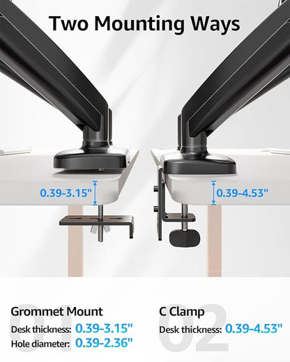 MOUNTUP Dual Monitor Stand for Desk, Gas Spring Monitor Arms for 2 Monitors 32 27 24 22 Inches, Height Adjustable Double Monitor Mount, VESA Mount with C-Clamp & Grommet Base, Holds 4.4-17.6lbs, Black