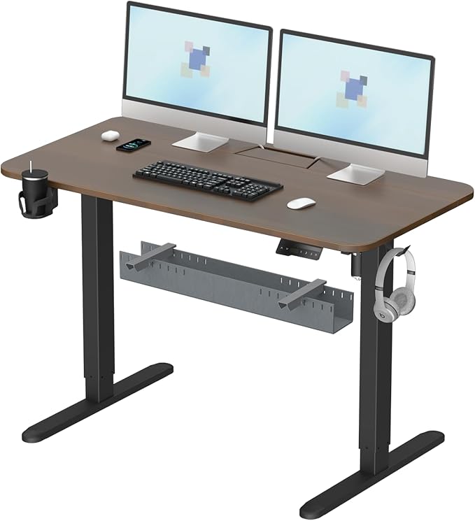 Standing Desk with Cable Management Tray, 48"x24" Electric Height Adjustable Sit Stand Desk, Memory Presets, Anti-Collision, Workstation for Home Office, Walnut Top Black Frame