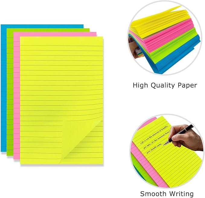 8 Pads Lined Sticky Notes 5 x 8 in, Bright Colors, Colorful Large Sticky Notes with Lines Self-Stick Note Pads for Home Office School Supplies, 50 Sheets/Pad, 400 Sheets Total, 4A 5084-N-Lx2