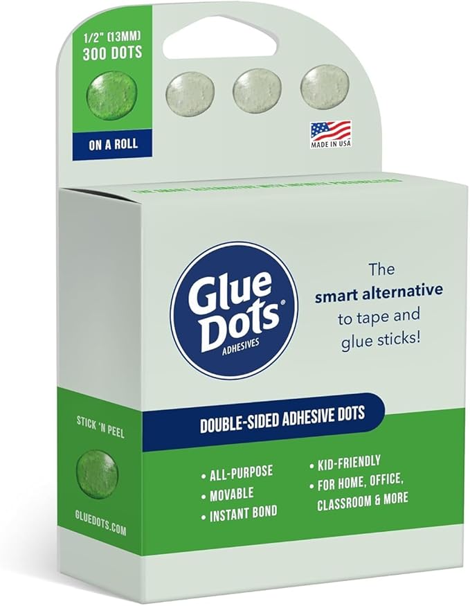 Glue Dots, Roll for everyday uses, ½”, .5 Inch, 300 Dots, Movable, Repositionable, Multi-Functional, Label Containers, Glue Stick and Tape Alternative, Clear