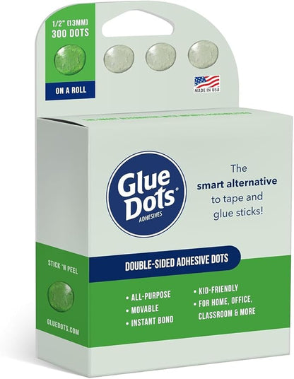 Glue Dots, Roll for everyday uses, ½”, .5 Inch, 300 Dots, Movable, Repositionable, Multi-Functional, Label Containers, Glue Stick and Tape Alternative, Clear