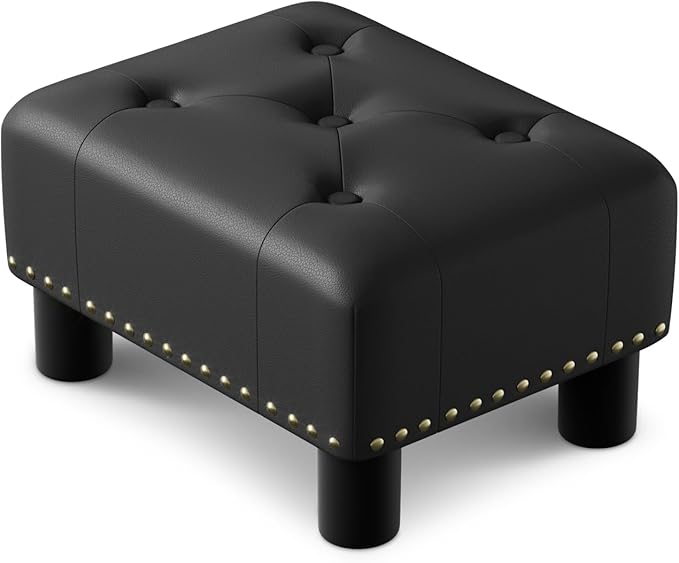 Athena Collection Small Ottoman Foot Rest with Legs, PU Leather Ottoman Foot Stool with Soft Padded seat, Square Footstool FootRest for Living Room, Bedroom, Office, Black