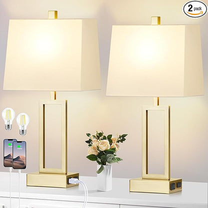 23.5" Touch Control Table Lamps, Metal Bedside Lamp for Bedroom Set of 2 with USB A+C Ports & AC Outlet, 3-Way Dimmable Nightstand Lamp for Living Room (LED Bulb Included)