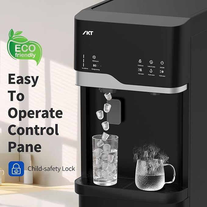 IKT Self Cleaning 4 in 1 Water Cooler Dispenser with Ice Maker for 5 Gallon Bottle Bottom Load 22lbs Daily Capacity Child Safety Lock Empty Bottle Light Black