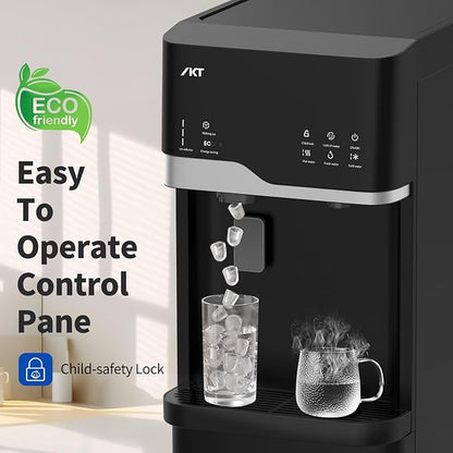 IKT Self Cleaning 4 in 1 Water Cooler Dispenser with Ice Maker for 5 Gallon Bottle Bottom Load 22lbs Daily Capacity Child Safety Lock Empty Bottle Light Black