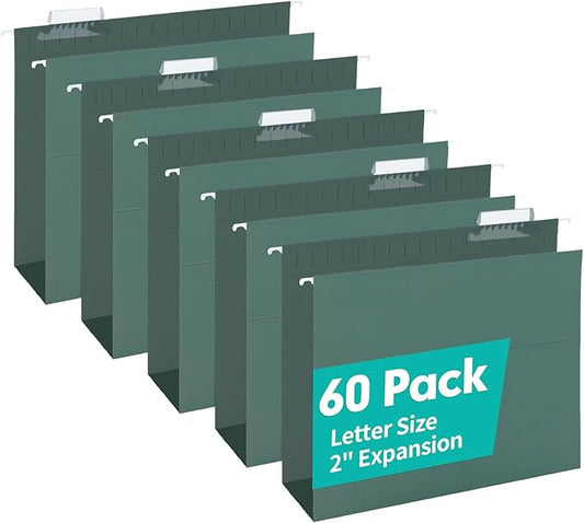 HERKKA Extra Capacity Hanging File Folders, 60 Pack Reinforced Letter Size Hanging Folders with Heavy Duty 2 Inch Expansion, Designed for Bulky Files, Medical Charts, Green