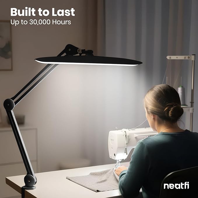 Neatfi XL LED Desk Lamp with Clamp, 2200 Lumens, 24W, 20-Inch Wide Head, Dimmable 4 Brightness Levels, Task Light for Home Office, Crafts, Workbench (Non-CCT, Black)