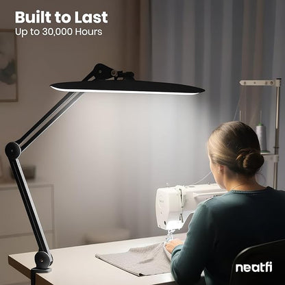 Neatfi XL LED Desk Lamp with Clamp, 2200 Lumens, 24W, 20-Inch Wide Head, Dimmable 4 Brightness Levels, Task Light for Home Office, Crafts, Workbench (Non-CCT, Black)