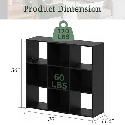 9-Cube Storage Organizer, Black Bookshelf with Open Compartments for Home Office, Modern Bookcase Display Shelf for Living Room, Bedroom & Entryway