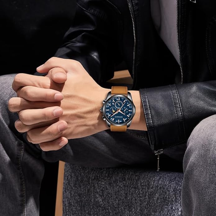 Watches for Men Chronograph Analog Luminous Quartz Watch Blue Black Luxury Genuine Leather Mens Watches Business Sports Waterproof Wristwatch Elegant Gift for Him