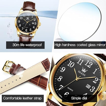 OLEVS Mens Watches Vintage Leather Band Dress Classic Easy Reader Arabic Numerals Analog Quartz Waterproof Date and Day Blue/Black/White Large Face Men's Wrist Watches