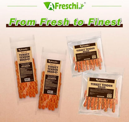 AFreschi Turkey Tendons for Dogs, USA-Sourced, Healthy Dog Treats, Rawhide-Free Puppy Chews, Long Lasting, All Natural, Hypoallergenic Dog Treats for Medium Breeds, 6 Count Pack Braid (M)